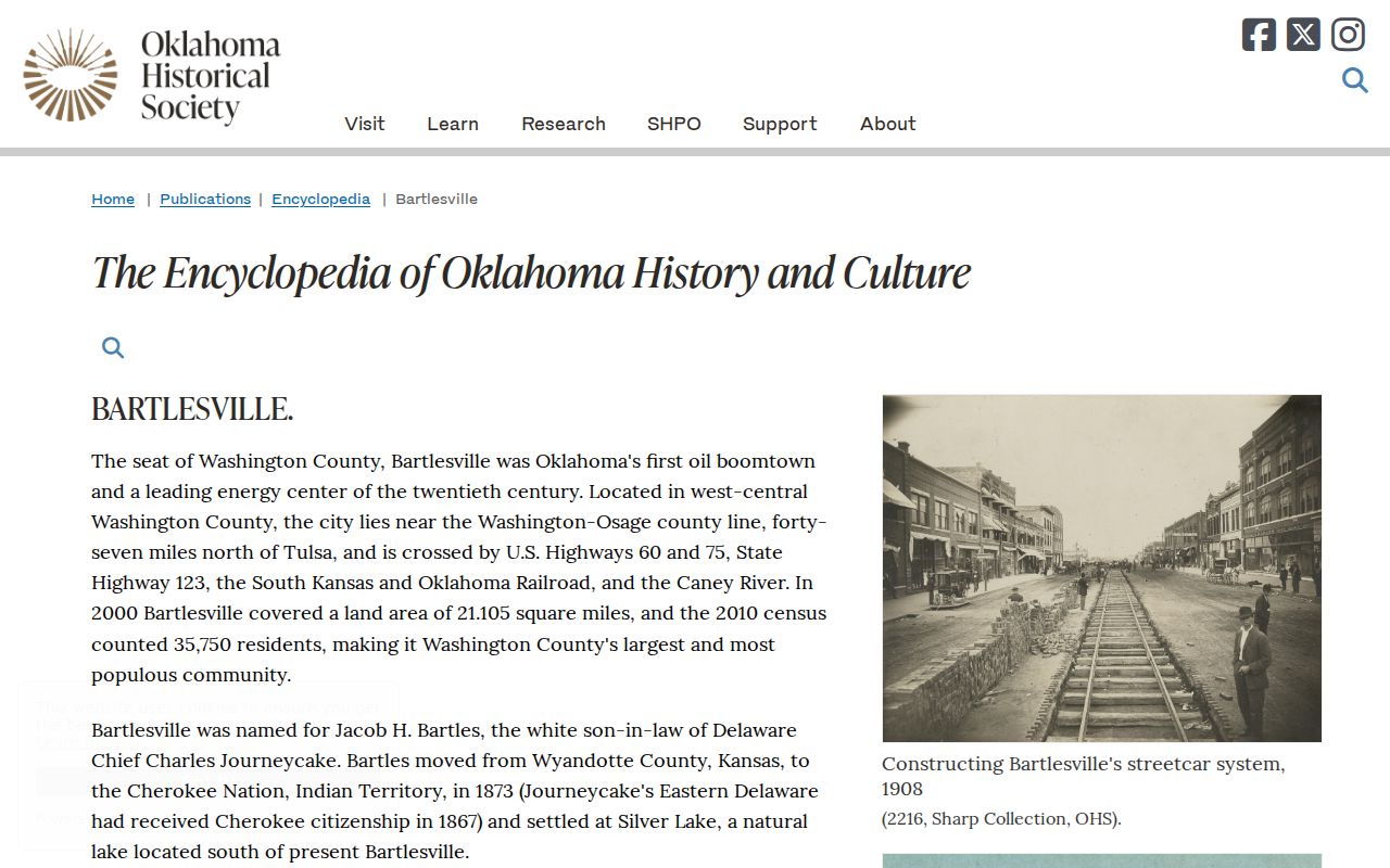 Bartlesville city directory historical context from the Oklahoma Historical Society Bartlesville entry
