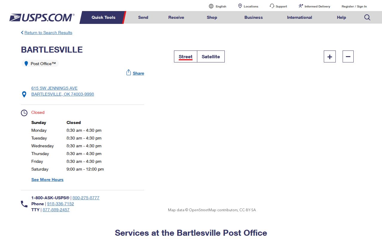 Bartlesville ZIP code directory main and East Side USPS location context